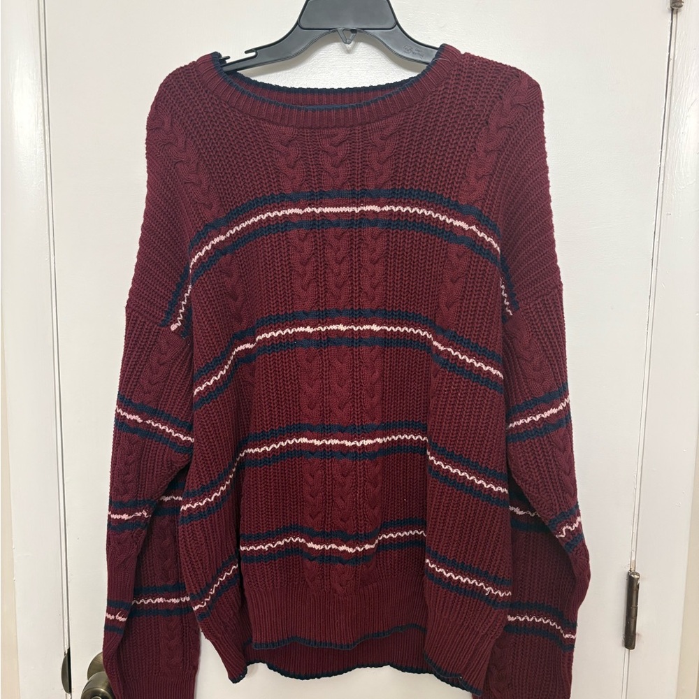 VTG Claybrooke Chunky Cable Knit Sweater Maroon Striped Grandpa Cotton Men XL